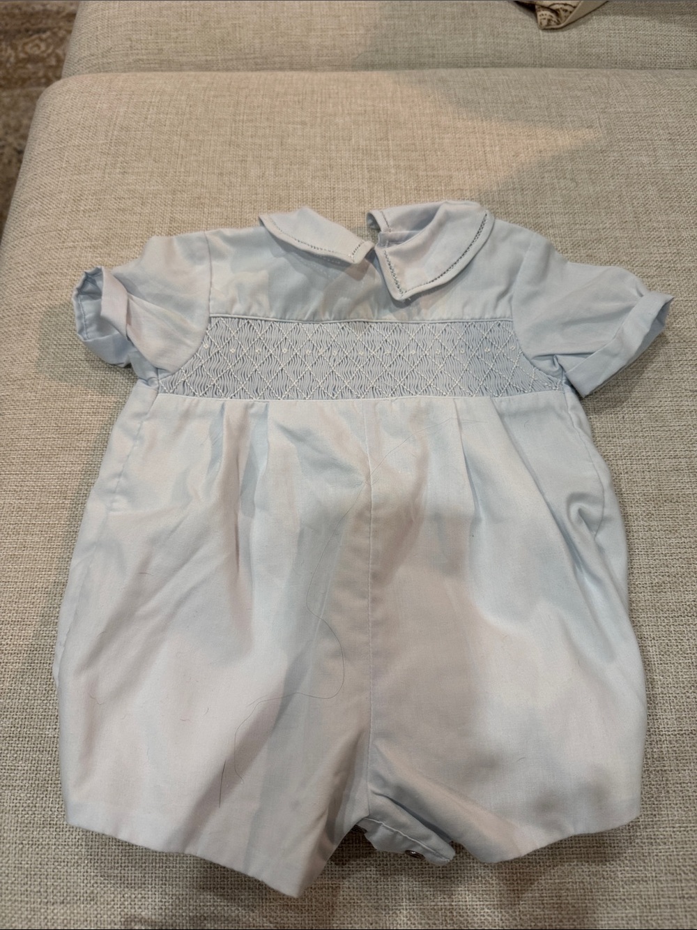 Petit Ami Light Blue Smocked romper with Peter Pan Collar (boys)